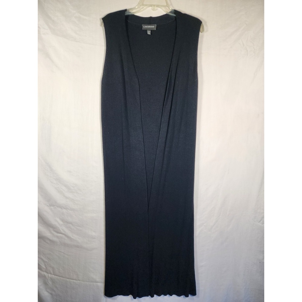 Lane Bryant Womens 14/16 Black Ribbed Long Duster Vest Open Front Minimalist